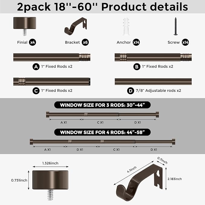 2 Pack Curtain Rods for Windows 28 to 48 Inch(1.5-5 Feet), Bronze 1'' Diameter Drapery Rods with End Cap Style Design,Modern Adjustable Heavy Duty Curtain Rod,Size:30''-60''