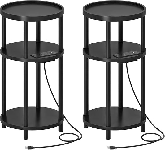 HOOBRO Set of 2 Small Round Side Tables with Charging Station, 3-Tier Round Bamboo End Tables, Easy Assembly, for Living Room, Bedroom, Apartment, Black BB152UBZP201