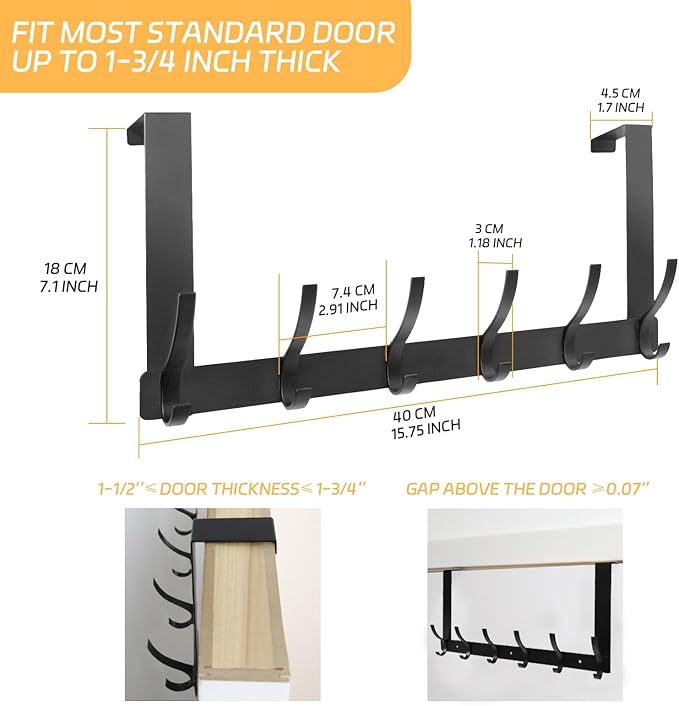 2 Pack Over The Door Hook，Door Hanger for Hanging，Over Door Hanger Holder for Coat Robe Hat Clothe Towels，Towel Racks for Bathroom with 12 Coat Hooks (Black, 2 Pack-6 Hooks)