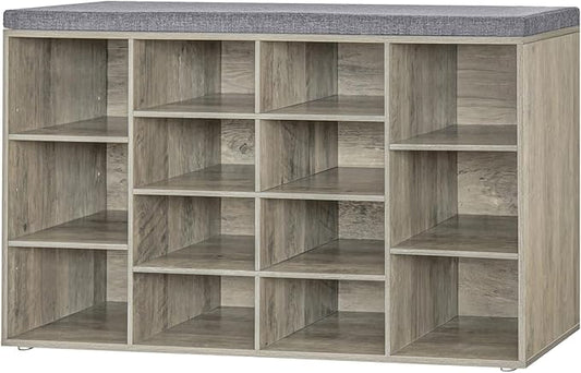 DINZI LVJ Shoe Storage Bench with Cushion, 14-Cubby Shoe Rack, Adjustable Shelves, Multifunctional Shoe Organizer Bench for Entryway, Mudroom, Hallway, Living Room, Bedroom and Garage, Gray Wash-NeatNest