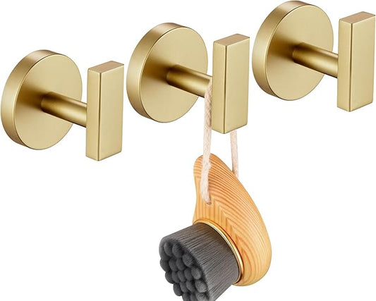 Robe Hook Bath Towel Hooks Stainless Steel Wall Hooks for Bathroom Kitchen Closet Garage Door Hanger Brushed Gold 3 Pack, AN1001GD-P3