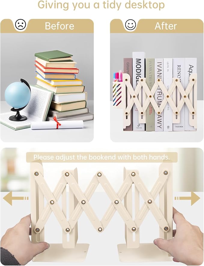 Honagu Adjustable Bookends, Metal Book Ends for Shelves Heavy Book, Desk Magazine File Organizer for Home, Office, Books, Papers, Extends up to 19 inches with Pen Holder (Beige)