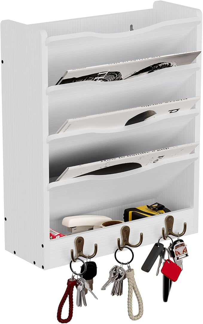 5 Tier Hanging Wall File Holders Letter Size Wall File Organizer Wood Mail Organizer with 6 Hooks, White