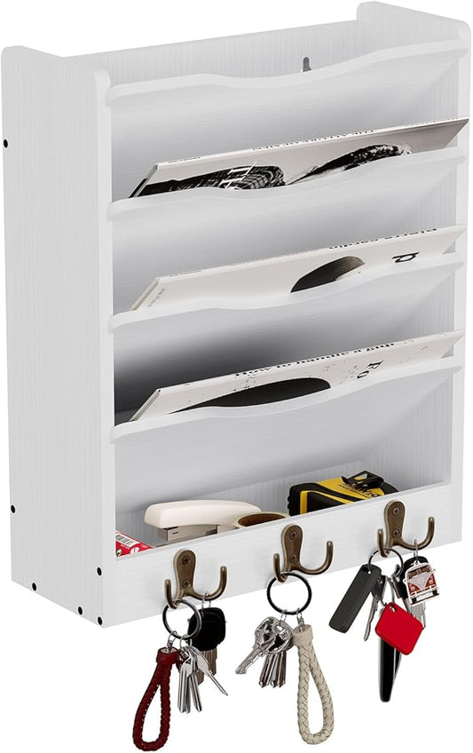5 Tier Hanging Wall File Holders Letter Size Wall File Organizer Wood Mail Organizer with 6 Hooks, White