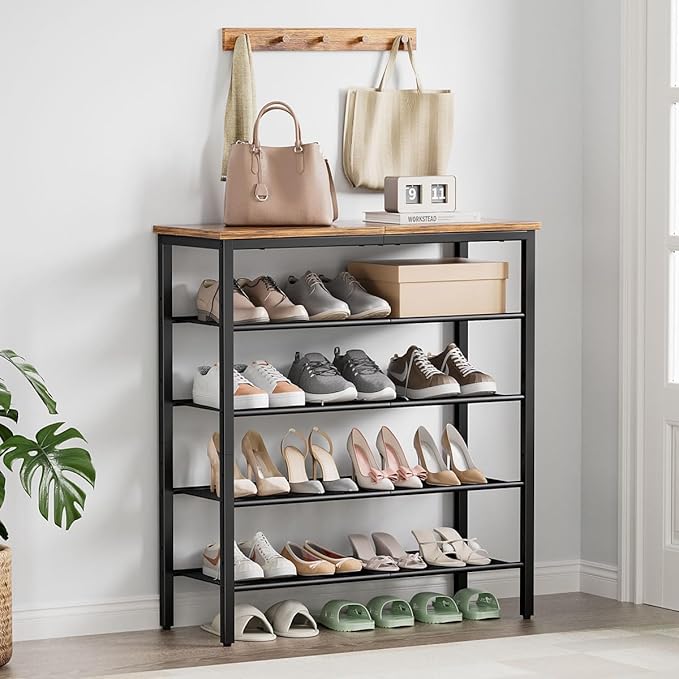 Shoe Rack, 5-Tier Shoe Storage Organizer with 4 Metal Mesh Shelves for 15-20 Pairs, Free Standing Shoe Racks, for Entryway, Hallway, Closet, Dorm Room, Industrial, Rustic Brown-NeatNest