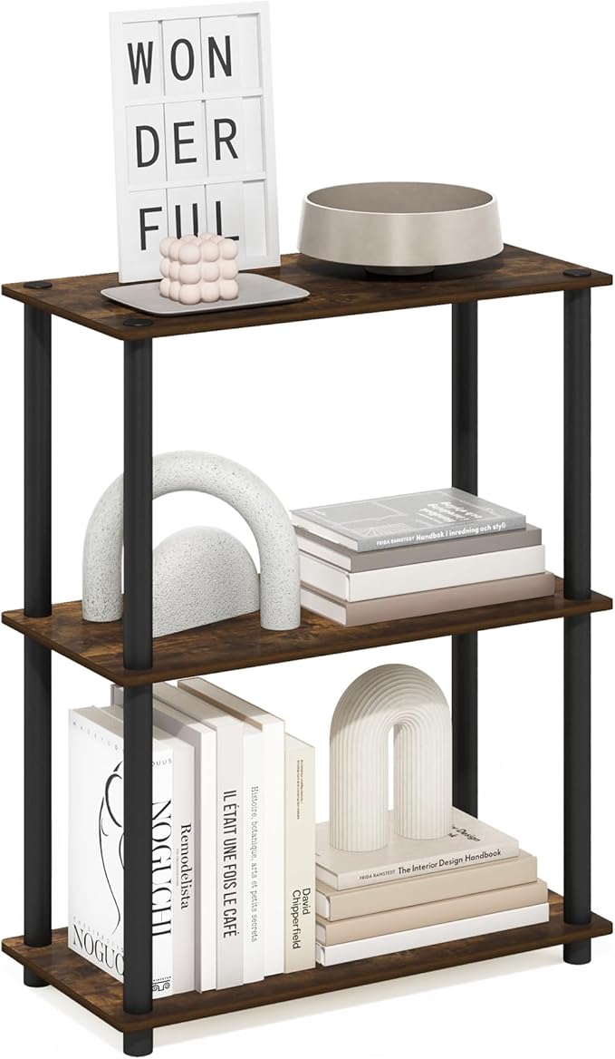 Furinno Turn-N-Tube 3-Tier Compact Multipurpose Shelf Display Rack, Amber Pine/Black-NeatNest