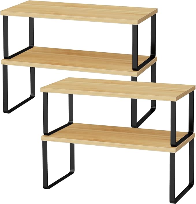 Cabinet Shelf Organizers, 15.7 inches Large Kitchen Counter Shelf, Set of 4 Wood Kitchen Pantry Organizer, Storage Shelves for Countertop, Spice Rack, Stackable, Expandable, Metal Black, Nature-NeatNest