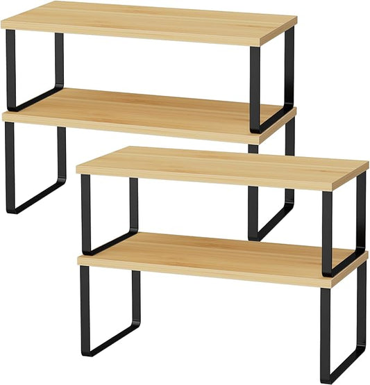 Cabinet Shelf Organizers, 15.7 inches Large Kitchen Counter Shelf, Set of 4 Wood Kitchen Pantry Organizer, Storage Shelves for Countertop, Spice Rack, Stackable, Expandable, Metal Black, Nature-NeatNest