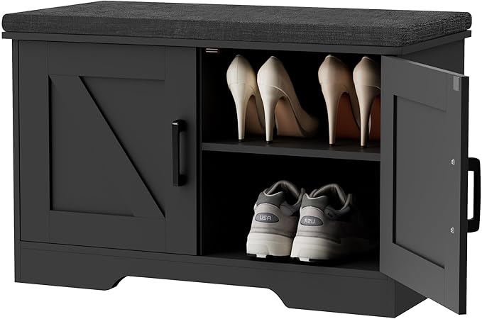 2-Tier Storage Bench, Shoe Bench with Padded Seat Cushion, Entryway Bench with 2 Barn Doors, Adjustable Shelf, 13.8" D x 27.6" W x 17.7" H, for Entryway, Living Room, Bedroom, Black-NeatNest
