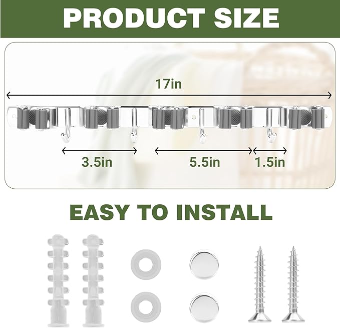 Broom Holder Wall Mount, Broom Organizer Wall Mount Stainless Steel Broom and Mop Hanger Heavy Duty Storage Organization for Home Kitchen Garden Garage Room 5 Racks 4 Hooks (2PACK)(Grey Racks)-NeatNest