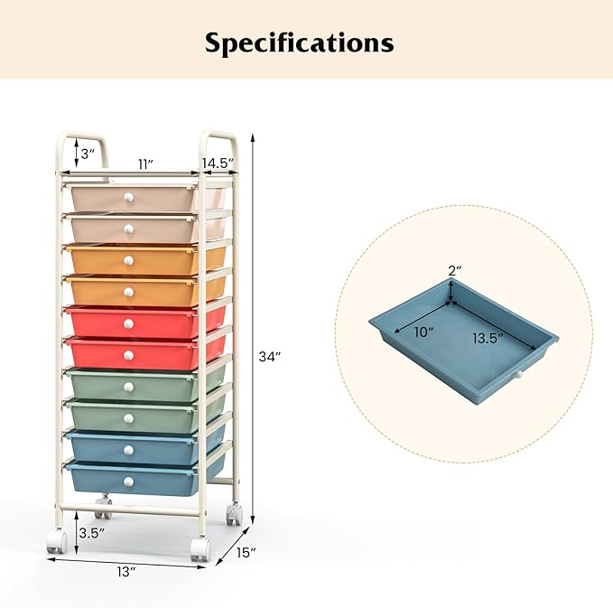 Giantex 10-Drawer Rolling Storage Cart w/Wheels, Handle, Removable Drawers, Mobile Organizer Storage Unit, Trolley Utility Cart for Home Kitchen Makeup Living Room Office Play Room