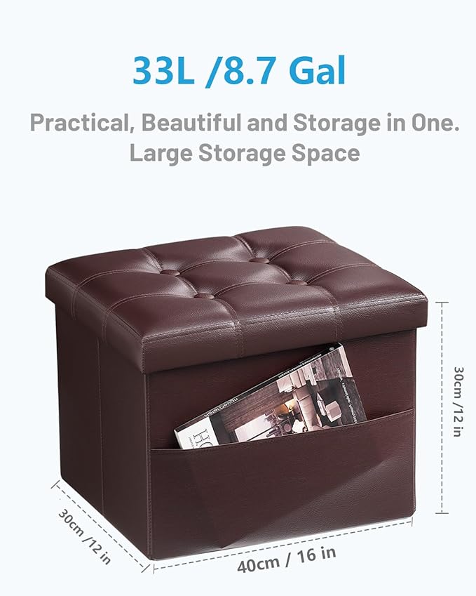 AmasSmile Storage Ottoman Folding Foot Rest Stool with Side Pocket, 16 inch Leather Footstool Bench, Short Ottoman Bench, Storage Foot Rest Store, Books, Brown-NeatNest