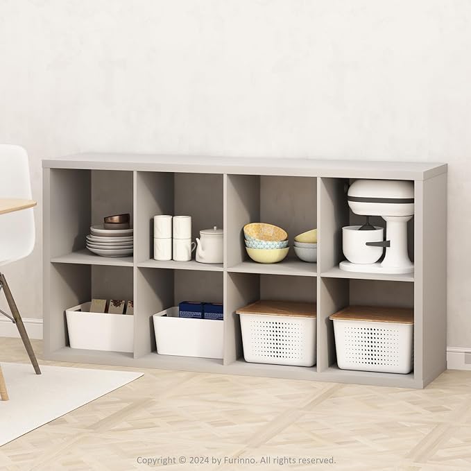 Furinno Hermite 8-Cube Open Shelves Kitchen Storage, Kitchen Island, Bakers Rack, Buffet Sideboard, Light Grey-NeatNest