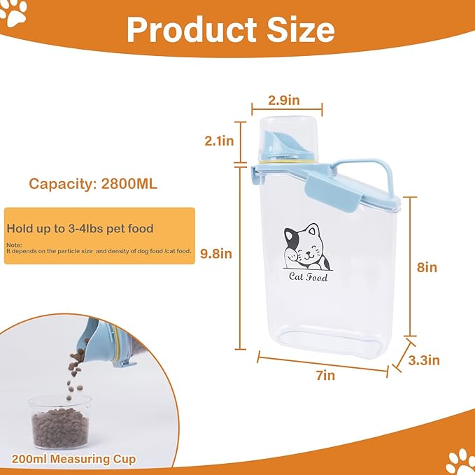 Cat Food Storage Container Airtight |3 Qt/2.8 L Clear Plastic Cat Puppy Food Treats Container with Measuring Cup|Hold up to 3.8lbs Pet Food|Portable Food Containers for Travel|BPA Free-Blue-NeatNest