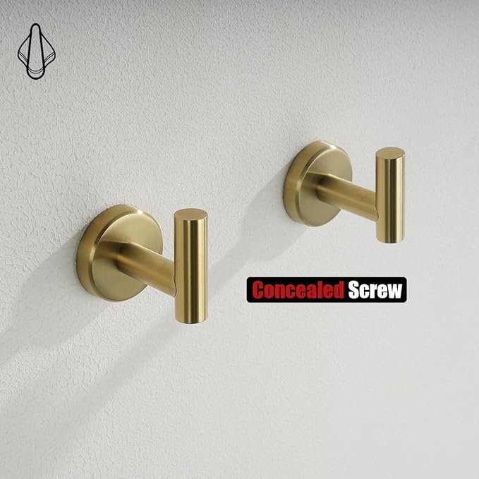 JQK Bathroom Towel Hook Brushed Gold, Brass Coat Robe Clothes Hook for Bathroom Kitchen Garage Wall Mounted (Pack of 4), SUS 304 Stainless Steel 0.8mm, TH100-BG-P4-NeatNest