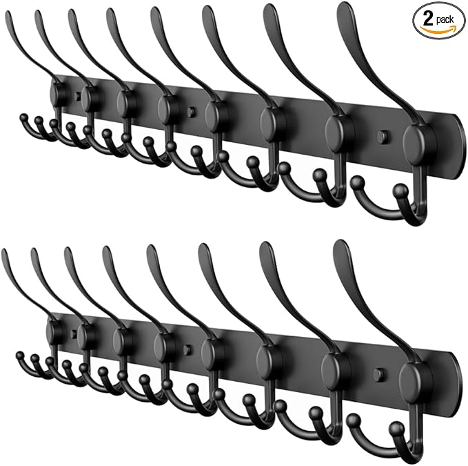 Coat Rack Wall Mount with 8 Tri Hooks, Stainless Steel 24 Inch – Black Matte Finish, Heavy Duty Wall Mounted Hook Rack for Coats, Hats, Towels, Scarfs, Robes, Bags, Entryway & Bathroom - 2 Pack-NeatNest