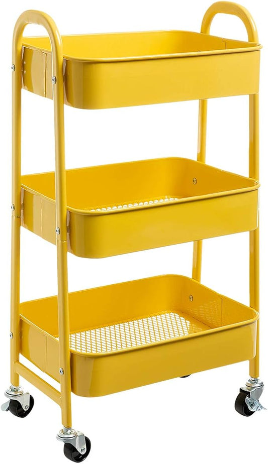 AGTEK Makeup Cart, Movable Rolling Organizer Cart, 3 Tier Metal Utility Cart, Yellow-NeatNest