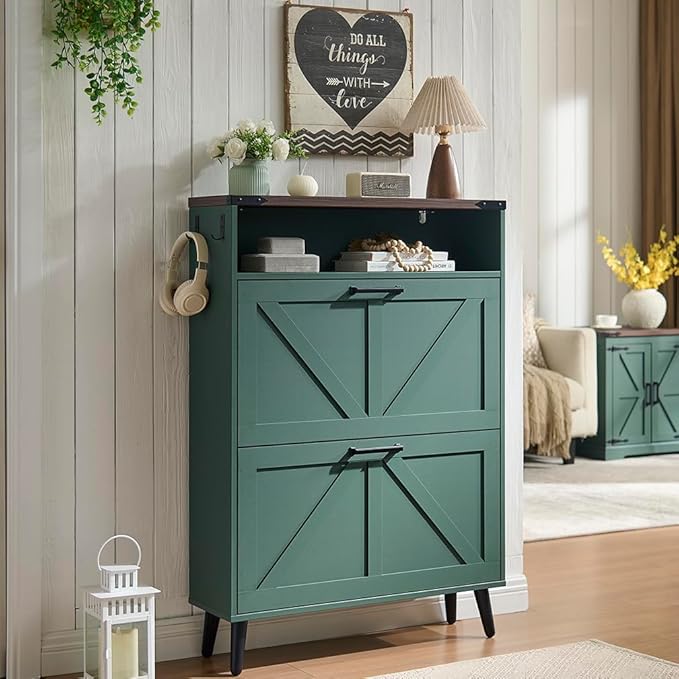 Shoe Storage Cabinet,Farmhouse Shoe Organizer with 2 Flip Drawers & Barn Door Design,Freestanding Hidden Slim Narrow Shoe Rack Cabinet with Open Storage for Entryway, Foyer,Hallway,Green-NeatNest