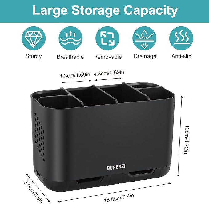 Boperzi Toothbrush Holders for Bathrooms Organizers and Storage, Large Tooth Brush Holders with Drainage, Anti-Slip Electric Toothbrush and Toothpaste Holders Caddy for Shower Kids Family, Black-NeatNest