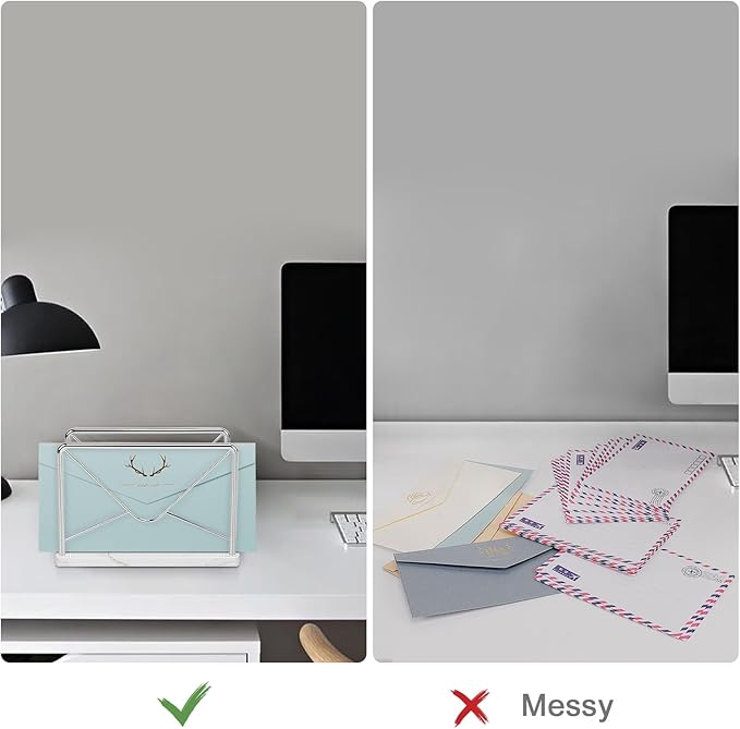 Modern Mail Holder for Home Office, Metal Letter Organizer Sorter for Desk, Cutout Mail Envelope Design, Bill Filling Paper Document Rack, Envelope Storage Rack with Marble Base