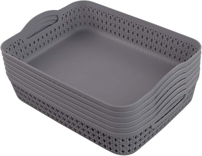 Kekow Plastic Storage Tray Basket with Handle, Set of 6, 13.22" x 10.23" x 2.95", Gray-NeatNest
