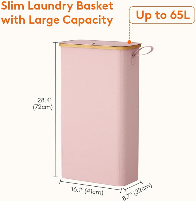 Lifewit 65L Slim Laundry Hamper with Lid, Narrow Laundry Basket with Removable Bag & Bamboo Handles, Fodable Thin Dirty Clothes Hamper for Laundry Collapsible Bin for Bathroom Bedroom Dorm, Pink-NeatNest