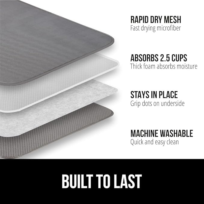 GORILLA GRIP Ultra Water Absorbent Microfiber Dish Drying Mat, Quick Dry Thick Mesh, Slip Resistant Pad for Sink Dishes or Under Rack, Kitchen Counter Accessories, 16x18, Machine Wash Mats, Gray