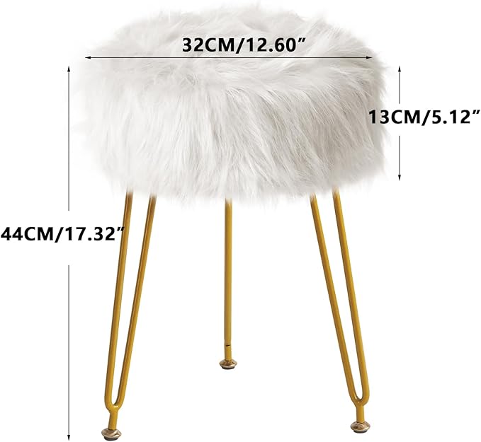 IBUYKE Faux Fur Vanity Stool Chair, Furry Makeup Stool Ottoman, Soft Padded Seat, Round Footrest Footstools with 4 Metal Legs, for Living Room Bedroom Entryway, White LG-32W