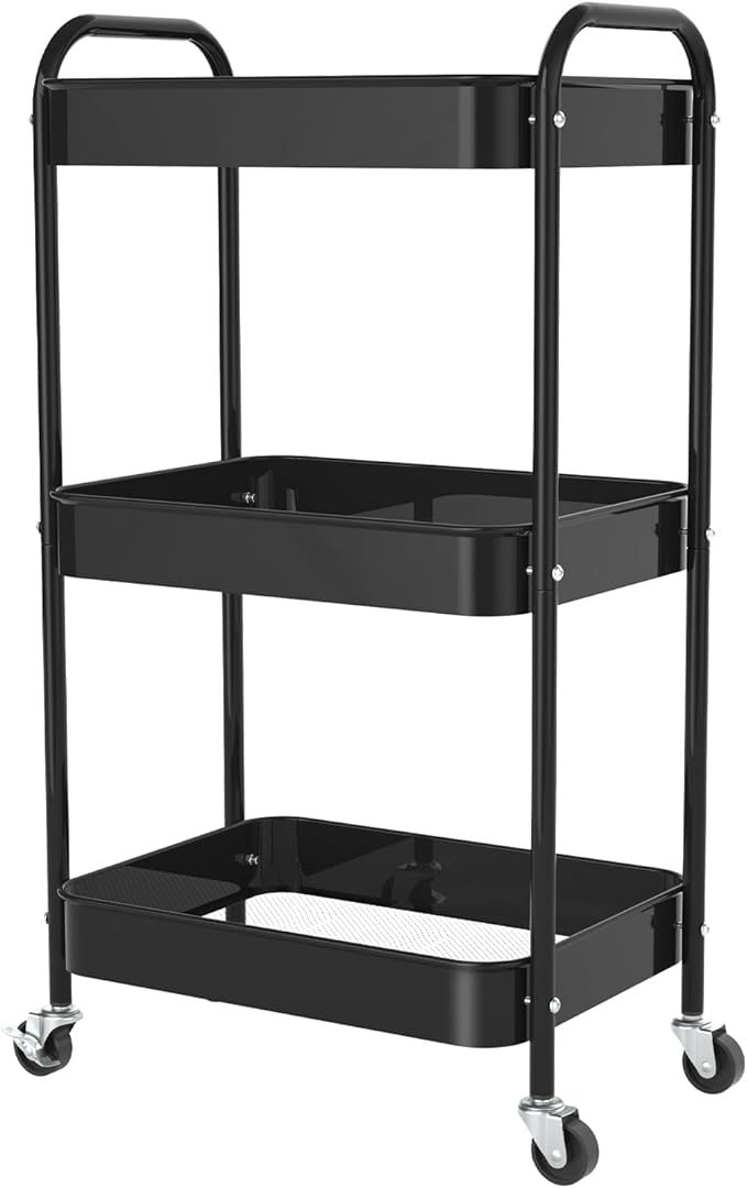3-Tier Rolling Metal Storage Cart with Wheels, Multi-Functional Organizer for Office, Kitchen, Bathroom, Books Diapers - Easy Assembly (Black)-NeatNest