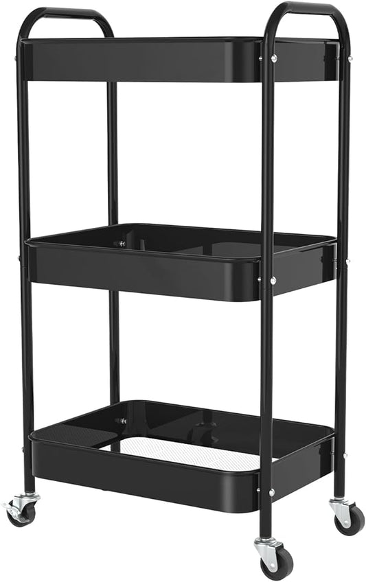 3-Tier Rolling Metal Storage Cart with Wheels, Multi-Functional Organizer for Office, Kitchen, Bathroom, Books Diapers - Easy Assembly (Black)-NeatNest