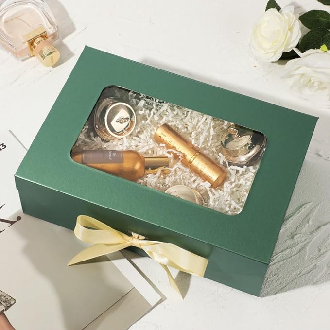 Green Gift Box for Presents with Ribbon 10.8x7.5x3.5 Inches Clear Gift Box with Window Magnetic Closure Gift Boxes with Lids-NeatNest