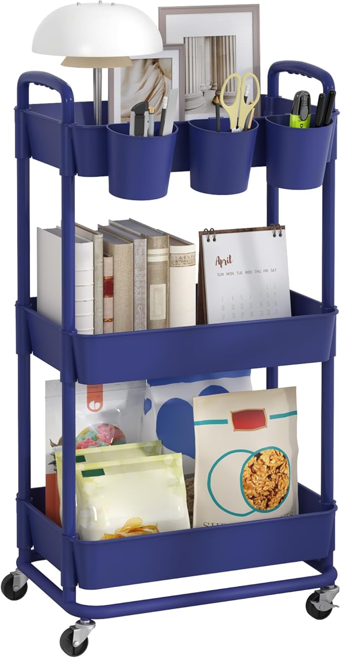 JIUYOTREE 3-Tier Plastic Rolling Storage Cart Utility Cart with Extra Hanging Cups Handles Lockable Wheels for Living Room Bathroom Kitchen Office Blue-NeatNest