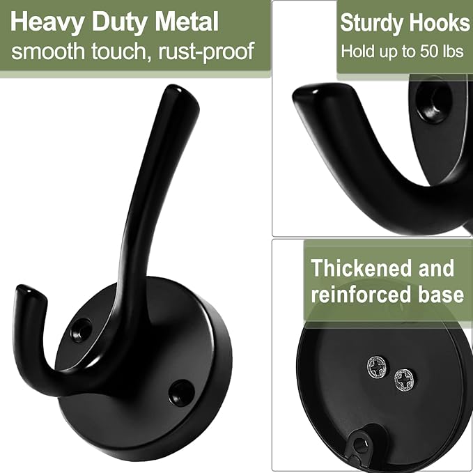 Black Wall Hooks Towel Hooks, 3 Pack Coat Hooks Robe Hook Heavy Duty Metal Double Bath Hook Wall Mounted, Hand Towel Hooks for Entryway Bathroom Kitchen Closet Garage-NeatNest