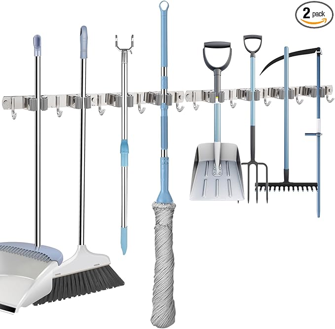 OCGIG 2 Pack Mop and Broom Holder, Wall Mounted Metal Hanger Organization Storage Heavy Duty Tool Organizer for Garage Home Kitchen Laundry Garden (4 Racks and 5 Hooks)-NeatNest