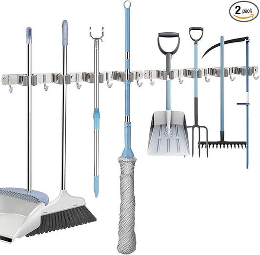 OCGIG 2 Pack Mop and Broom Holder, Wall Mounted Metal Hanger Organization Storage Heavy Duty Tool Organizer for Garage Home Kitchen Laundry Garden (4 Racks and 5 Hooks)-NeatNest
