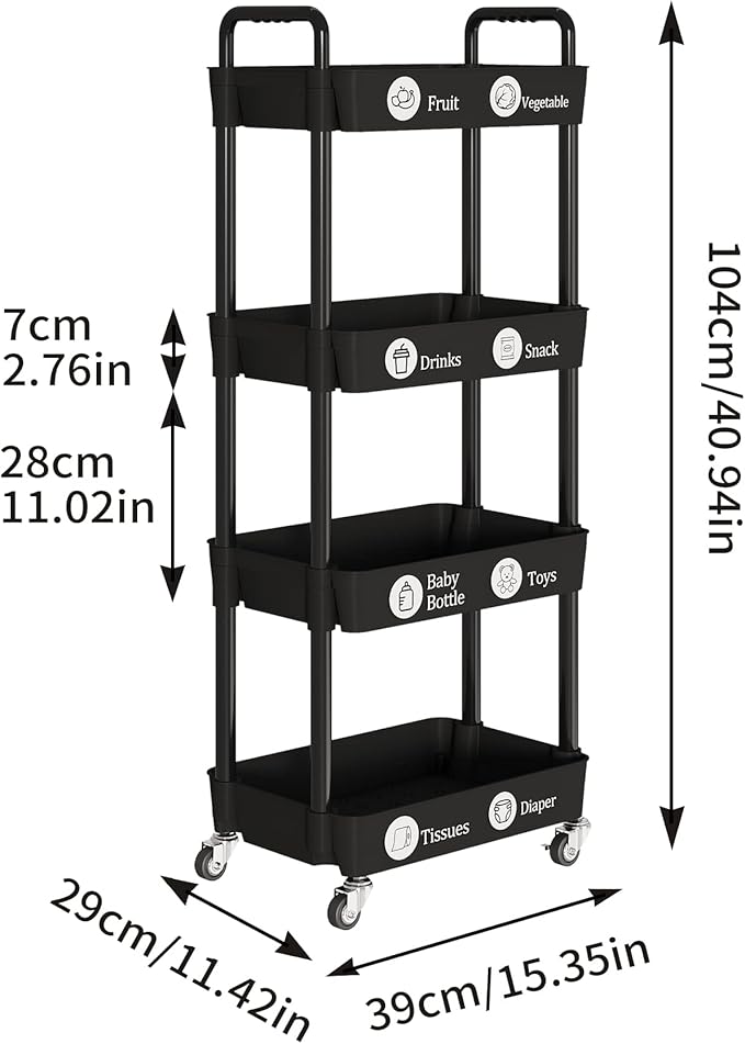 Laiensia 4-Tier Rolling Cart with Wheels,Multifunction Utility Storage carts, Kitchen Storage Organizer,Mobile Shelving Unit for Bathroom,Laundry,with Classified Stickers,Black-NeatNest