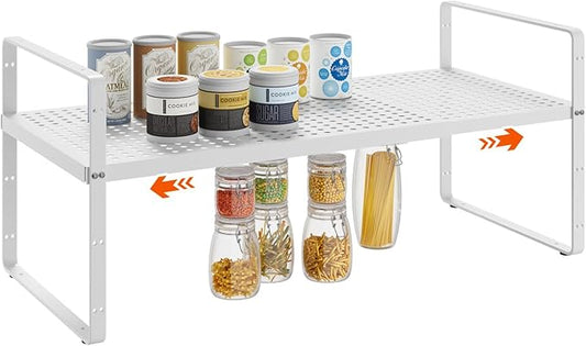 16.5-27’’L Expandable Stackable Cabinet Shelves, Adjustable Spice Rack Cabinet Shelf Organizer for Kitchen, Countertop, Pantry and Cupboard, White-NeatNest