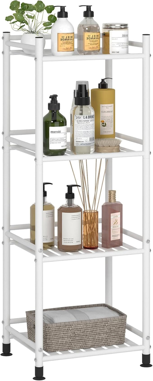 4 Tier Bathroom Storage Open Shelf Unit, Free-Standing Metal Corner Rack Shelving for Kitchen, Living Room, Hallway (White, 4 Tier)