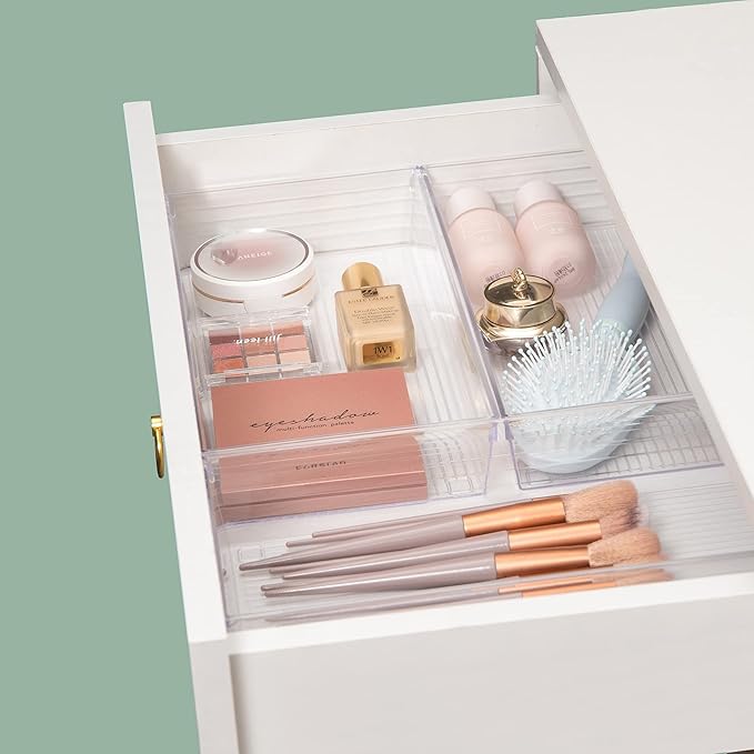 4 Pack 12"x 6" Large Size Clear Plastic Desk Drawer Organizer Tray Bathroom Office Kitchen Utensils Silverware Gadgets Dividers Desk Drawer Storage Bins Container for Dresser Cosmetic Makeup-NeatNest