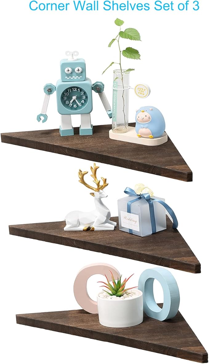 Joiishom Corner Wall Shelf Set of 3, Floating Corner Shelves, Rustic Wood Wall Storage Display Shelves for Living Room, Bedroom, Bathroom, Kitchen (Dark Brown)-NeatNest