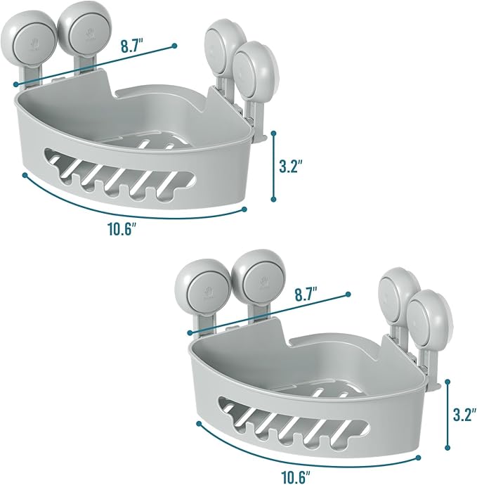 TAILI Suction Corner Shower Caddy, Bathroom Shower Shelf Storage Basket Wall Mounted Organizer for Shampoo, Conditioner, Plastic Rack for Kitchen & Bathroom, Drill-Free Removable (2 Pack)-Grey
