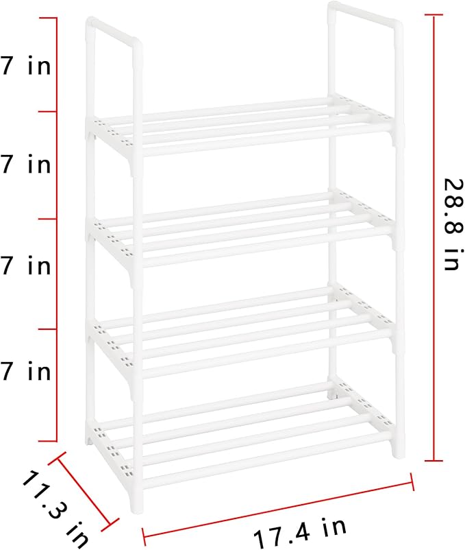 Metal Stackable Small Shoe Rack Organizer, Narrow Shoe Racks for Closets Entryway, Shoe Stand,Shoe Shelf with Handle (4-Tier-White)-NeatNest