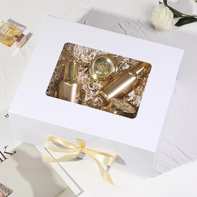5 Pcs White Gift Box for Presents with Ribbon 13.2x11x5.3 Inches Clear Gift Box with Window Magnetic Closure Gift Boxes with Lids-NeatNest