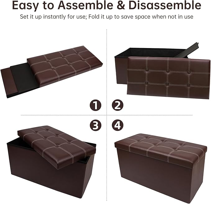 30 Inches Folding Storage Ottoman Bench, Faux Leather Footrest Ottoman, Storage Trunk Footrest for Bedroom, Living Room and Hallway, Support 350lbs, Brown White line