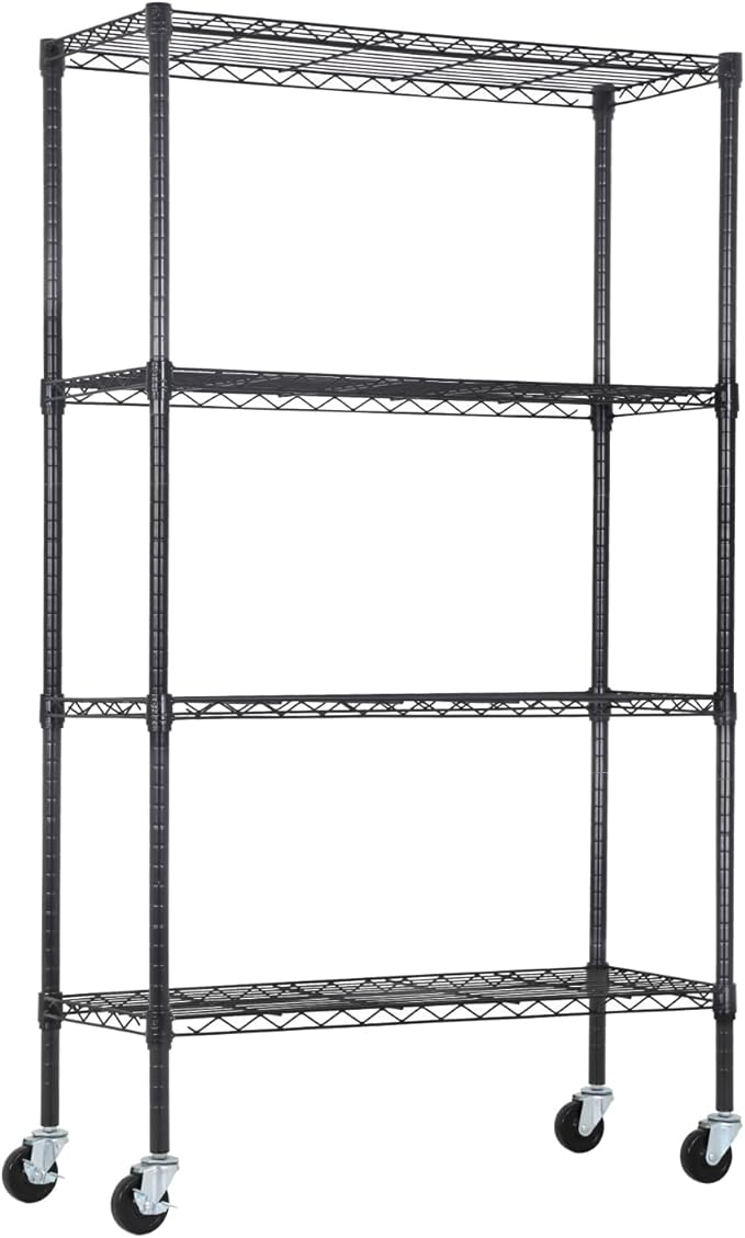 4-Tier Adjustable Shelf Shelving Unit Shelves Shelf Heavy Duty Storage Steel Organizer Wire Rack (1400 lbs Loading Capacity) with Wheels Multi-Function Easy Assembly,Black