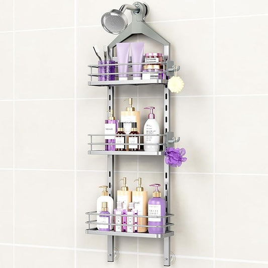 ODesign 3 Tier Height-Adjustable Shower Caddy Hanging Anti-Swing-Over The Shower Head Caddy-Storage Organizer Bathroom Shelves Basket-Silver