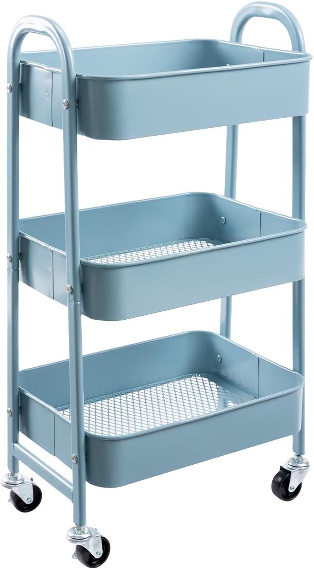 AGTEK Makeup Cart, Movable Rolling Organizer Cart, Grey-Blue 3 Tier Metal Utility Cart-NeatNest
