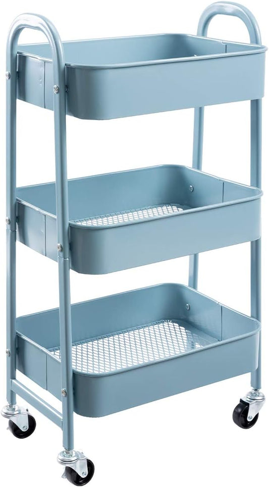 AGTEK Makeup Cart, Movable Rolling Organizer Cart, Grey-Blue 3 Tier Metal Utility Cart-NeatNest