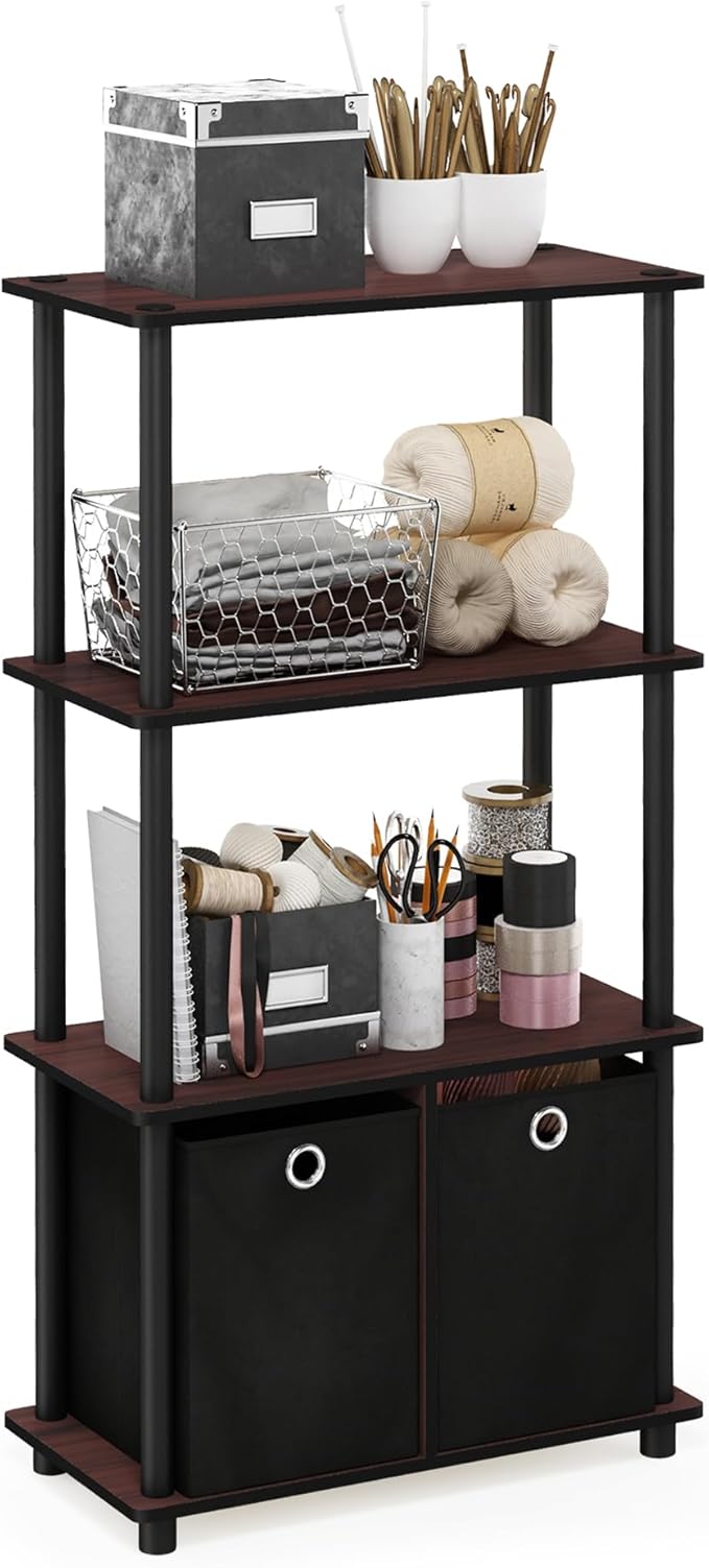 Furinno NW889DC/BK Go Green 4-Tier Multipurpose Storage Rack w/Bins, Dark Cherry/Black-NeatNest