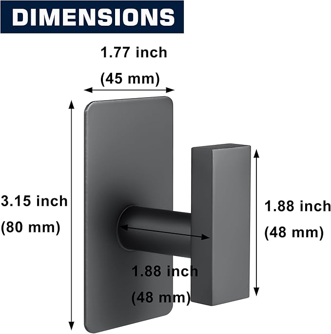 (4-Pack) Matte Black Adhesive Towel Hooks, Stainless Steel Adhesive Wall Hooks for Bathroom Kitchen Hanging Towels, Coats, Robes, Clothes